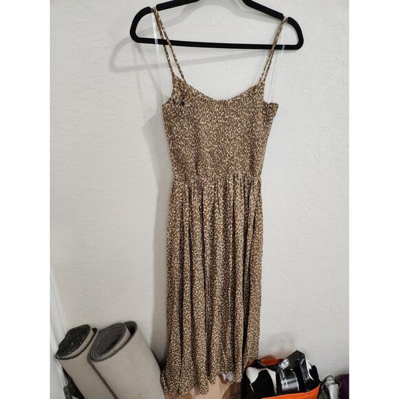 Sozy Aster Golden Brown Floral Stretchy Pocket Rayon Midi Dress Size M - Picture 6 of 6